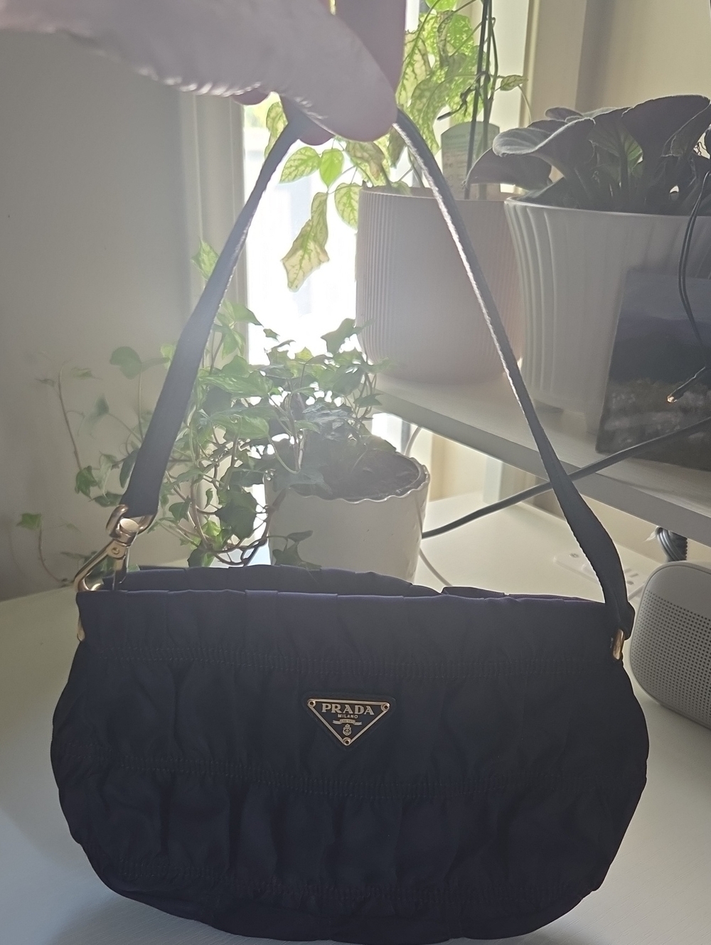 Prada Aubergine Quilted Nylon Shoulder Bag with Gold Hardware